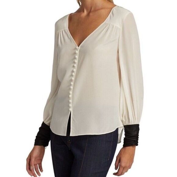 Cinq à Sept Francis Silk Blouse Faux Leathers Cuff Button Front Ivory/Black - Picture 10 of 16
